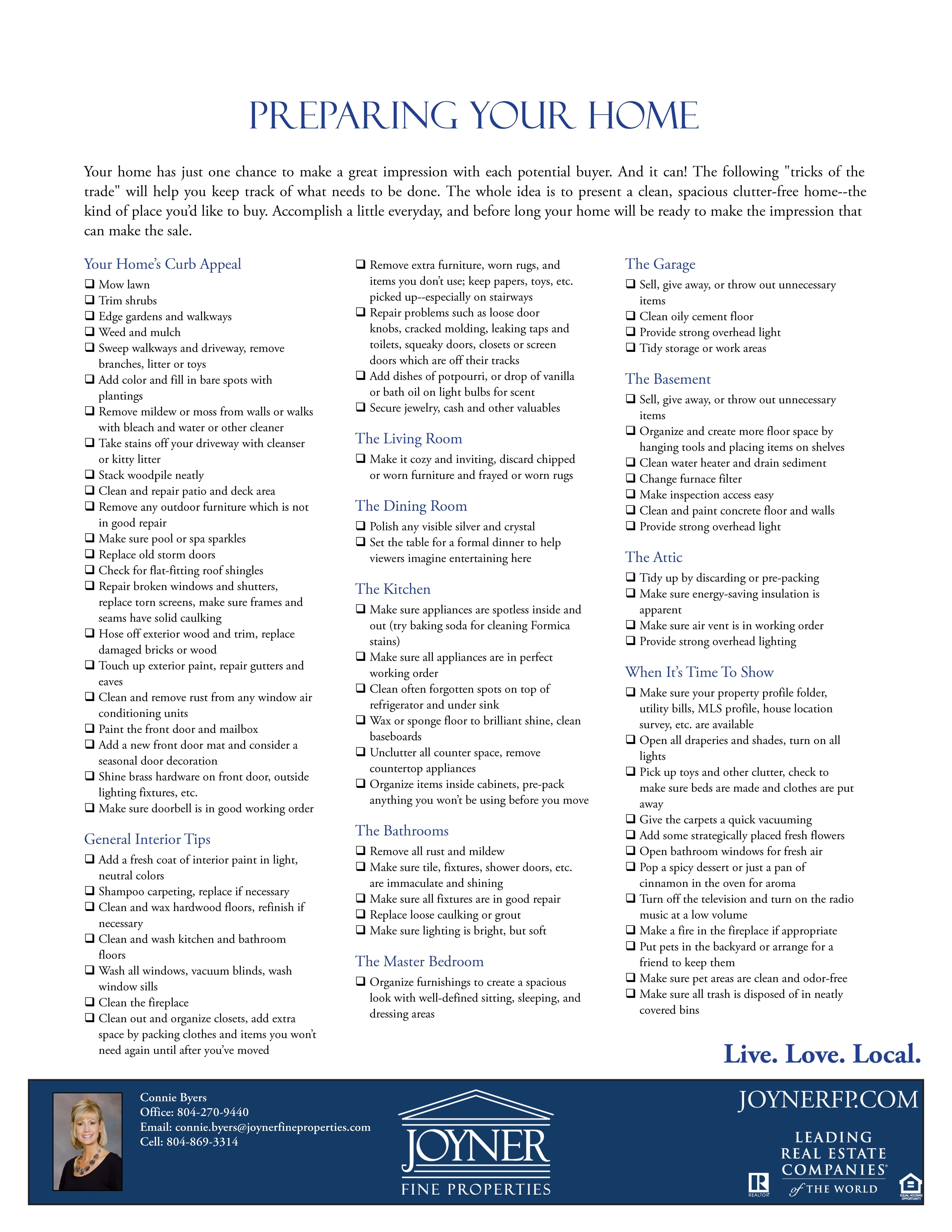 Listing Checklist - contact Connie at 804-869-3314 for full content